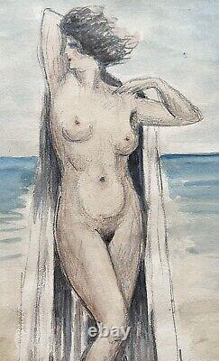 Original Watercolor Art Deco Portrait of Nude Female Woman in Seaside Beach