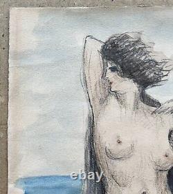 Original Watercolor Art Deco Portrait of Nude Female Woman in Seaside Beach