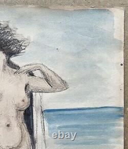 Original Watercolor Art Deco Portrait of Nude Female Woman in Seaside Beach