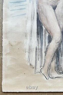 Original Watercolor Art Deco Portrait of Nude Female Woman in Seaside Beach