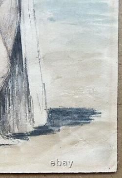 Original Watercolor Art Deco Portrait of Nude Female Woman in Seaside Beach