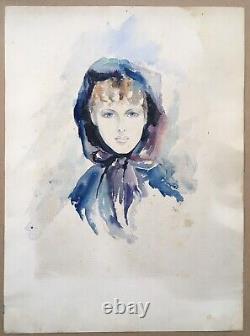 Original Watercolor Art Deco Portrait of a Woman in a Blue Cape with Hood Signed JB