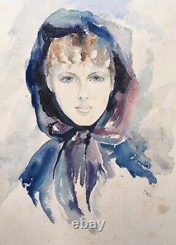 Original Watercolor Art Deco Portrait of a Woman in a Blue Cape with Hood Signed JB