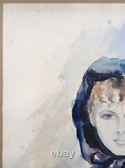 Original Watercolor Art Deco Portrait of a Woman in a Blue Cape with Hood Signed JB