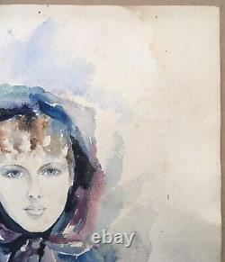 Original Watercolor Art Deco Portrait of a Woman in a Blue Cape with Hood Signed JB