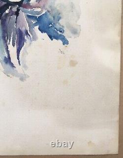 Original Watercolor Art Deco Portrait of a Woman in a Blue Cape with Hood Signed JB