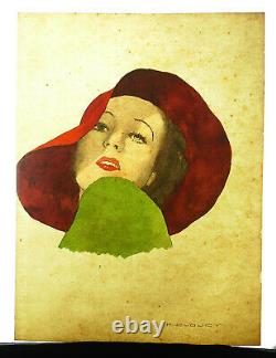 P Clouët Portrait Of Woman With Hat C1930 Art-deco Original Watercolor Drawing