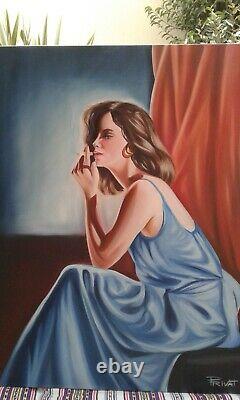 Painting Oil/toile Young Woman Cigarette-thinking Signed Privat. Xxth