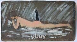 Painting Painting Old Oil Woman, Naked, Lying, Cat, Book
