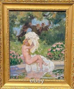 Painting signed LUCIENNE LEROUX Woman Taking a Bath Oil on Canvas