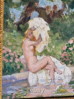 Painting signed LUCIENNE LEROUX Woman Taking a Bath Oil on Canvas