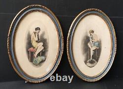 Pair Engraving Aquatint Under Glass Signed J. Dorval Art Deco Woman Oval Frame