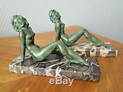 Pair Of Art Deco Bookends Woman Lying Naked Regulates Patinated