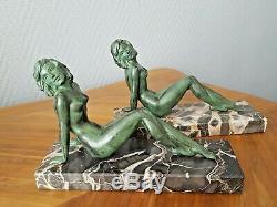 Pair Of Art Deco Bookends Woman Lying Naked Regulates Patinated