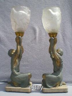 Pair Of Art Deco Lamp P. Sega 1930 Sculpture Woman Vintage Statue Figural Lamp