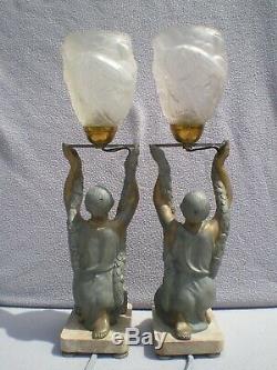 Pair Of Art Deco Lamp P. Sega 1930 Sculpture Woman Vintage Statue Figural Lamp