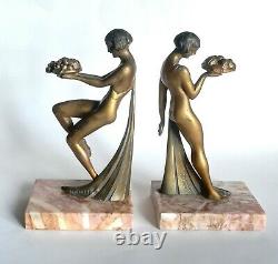 Pair Of Greenhouse Books Former Nude Women Art-deco Signed Limousin Patinated Metal