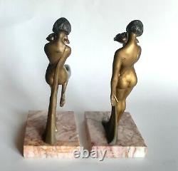 Pair Of Greenhouse Books Former Nude Women Art-deco Signed Limousin Patinated Metal