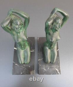 Pair Of Metal Bookends Patinated Nude Women's Marble Terrace Art Deco Style
