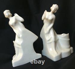 Pair Of Serre Book Art Deco Young Woman Playing Emaux De Louvière Crackled