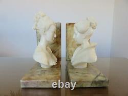 Pair Of Serre Books Bust Woman In Marble Art Deco Vintage