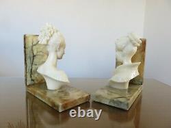 Pair Of Serre Books Bust Woman In Marble Art Deco Vintage