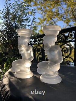 Pair of Art Deco Candle Holders Statue Sculpture Woman Frosted Molded Glass 1930