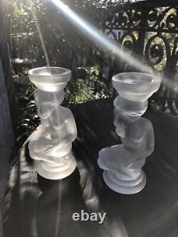 Pair of Art Deco Candle Holders Statue Sculpture Woman Frosted Molded Glass 1930