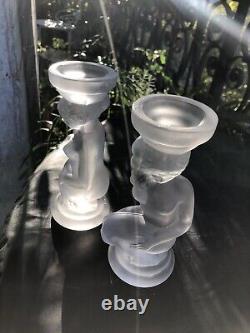 Pair of Art Deco Candle Holders Statue Sculpture Woman Frosted Molded Glass 1930