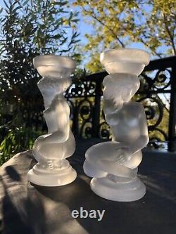 Pair of Art Deco Candle Holders Statue Sculpture Woman Frosted Molded Glass 1930