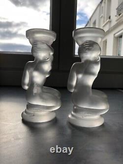 Pair of Art Deco Candle Holders Statue Sculpture Woman Frosted Molded Glass 1930