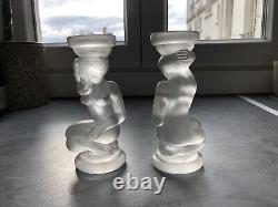 Pair of Art Deco Candle Holders Statue Sculpture Woman Frosted Molded Glass 1930