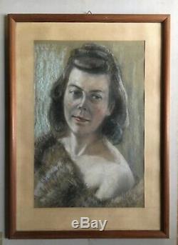 Pastel Portrait Young Woman With Fur Erotic Um 1940 Art Deco 63
