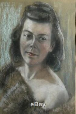 Pastel Portrait Young Woman With Fur Erotic Um 1940 Art Deco 63