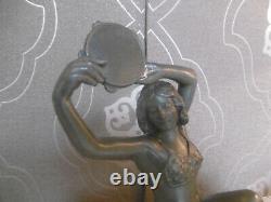 Pendule Art Deco Young Woman With Full Tambourine & In Working Condition