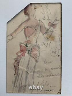 Pierre ROY (1880-1950) Watercolor Pencil Portrait Woman Dress Hairstyle Stamp