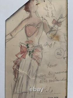 Pierre ROY (1880-1950) Watercolor Pencil Portrait Woman Dress Hairstyle Stamp