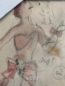 Pierre ROY (1880-1950) Watercolor Pencil Portrait Woman Dress Hairstyle Stamp