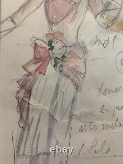 Pierre ROY (1880-1950) Watercolor Pencil Portrait Woman Dress Hairstyle Stamp