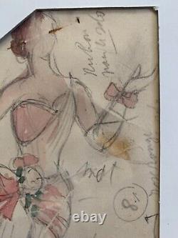 Pierre ROY (1880-1950) Watercolor Pencil Portrait Woman Dress Hairstyle Stamp