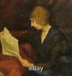 Portrait Of A Woman Reading Oil / Canvas Early 20th Century Art Deco