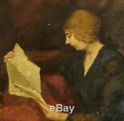 Portrait Of A Woman Reading Oil / Canvas Early 20th Century Art Deco