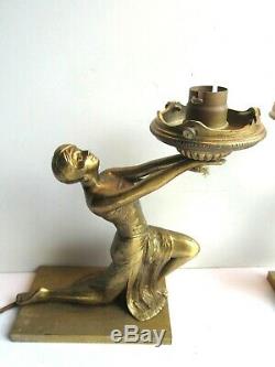 Rare 2 Bronze Table Lamps, Art Deco, Egyptian Woman Holding Light