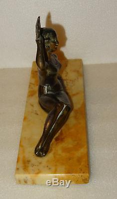 Rare Ancient Statue With Art Deco Woman Signed Range Gilded Metal Ball