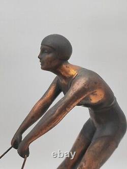 Rare Art Deco Lamp, 1920s with Woman Wakeboarding, Marble Base