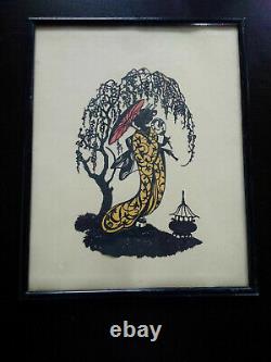 Rare Cutting Japonism Woman Art Deco 1920 -1930 Collage Fabric & Lace