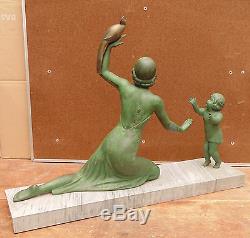 Rare Large Statue Art Deco Marble Pedestal Regulates Child Female Birds Signed Melaut
