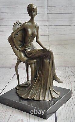 Rare Sculpture Signed Fisher Art New Deco Woman Figure Decor Bronze Statue