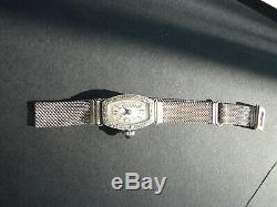 Rare Watch Shows Gold Diamond Women Vintage Art Deco Punched Silver Bracelet
