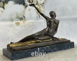 Real Solid Bronze Girl Chair Sculpture Statue Woman Art Deco Marble Base